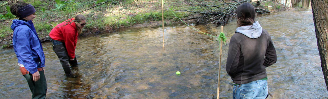 Teachers measure the velocity of a stream in Watershed Education, Pennsylvania State Parks.